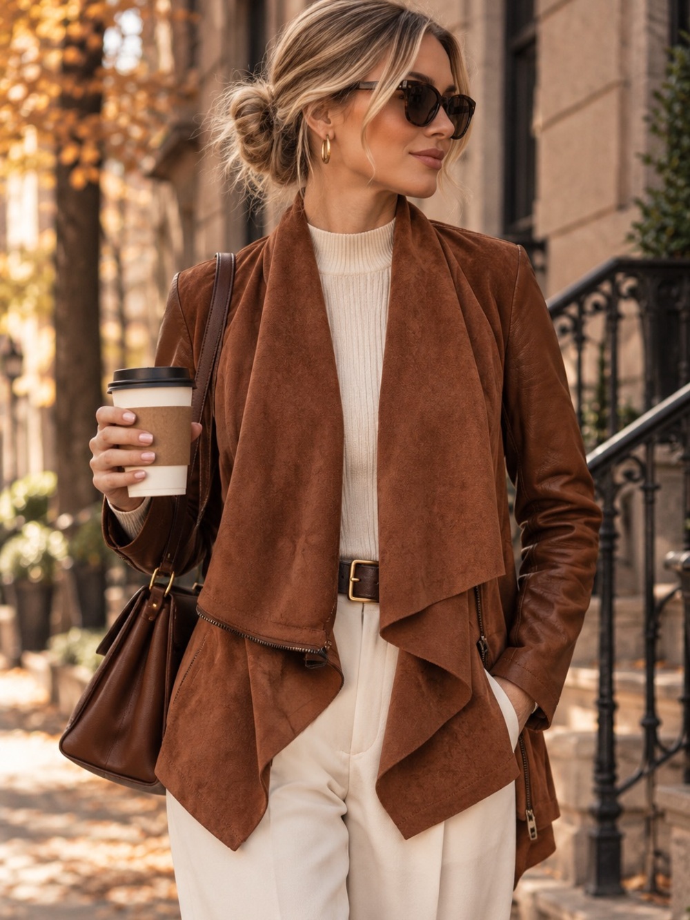 Blank NYC Brown Vegan Suede & Vegan Leather Draped Jacket